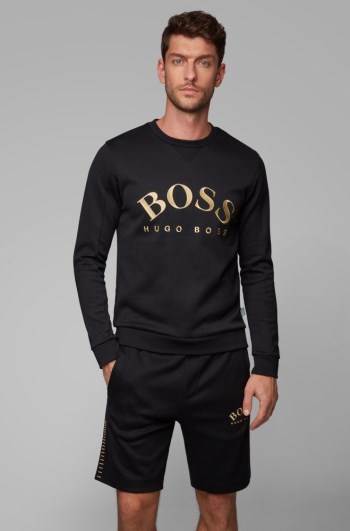 Hugo Boss Mixed-material slim-fit sweatshirt Svarte | c8othbpB