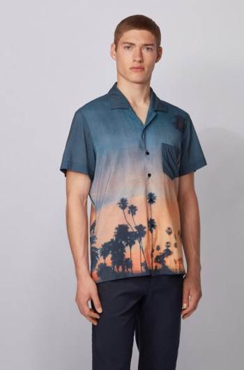 Hugo Boss Photographic-print regular-fit shirt Blå | nAYC7Dho