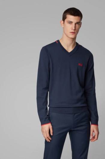 Hugo Boss Regular-fit V-neck sweater Mørke Blå | 9keQxWgj