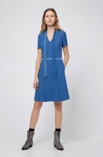 Hugo Boss Tie-neck crepe dress Blå | UExnqURe