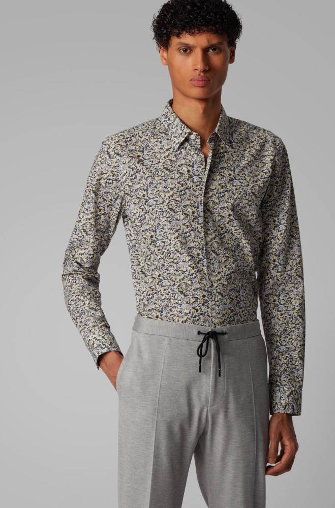 Hugo Boss Abstract-print slim-fit shirt Gul | s450QOxZ