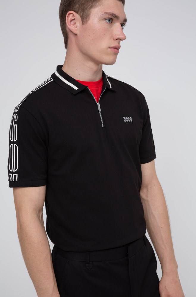 Hugo Boss Bomull-piqué zip-neck polo shirt Svarte | Hfm15a0U