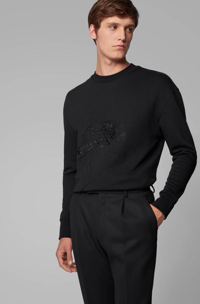 Hugo Boss Bomull-terry sweatshirt Svarte | G1K5eDVq