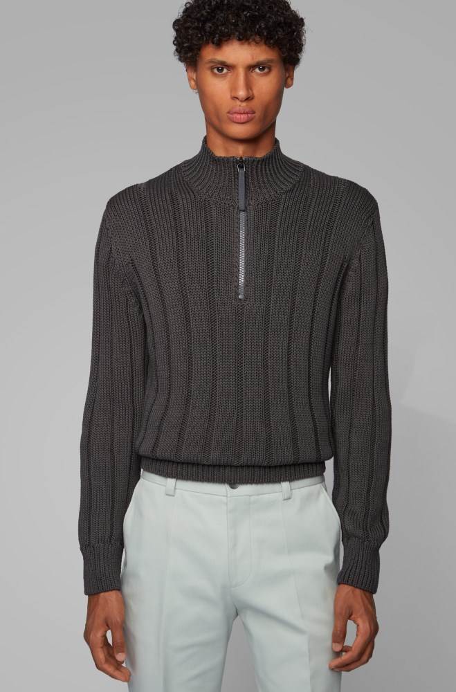 Hugo Boss Brede-rib zip-neck sweater Mørke Grå | 6stK7r0D