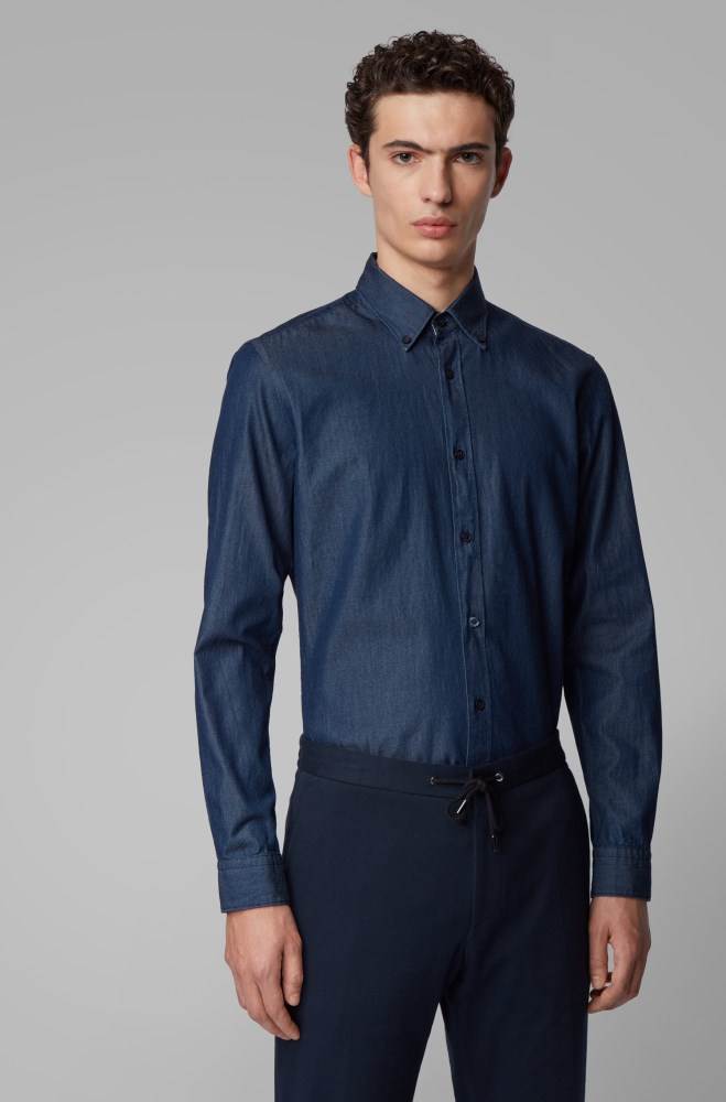 Hugo Boss Button-down slim-fit shirt Mørke Blå | 8HnLipPU