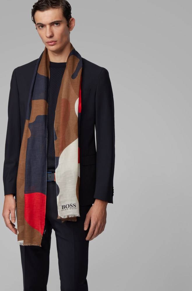 Hugo Boss Camouflage-print scarf Mørke Blå | CwQ4WBDF