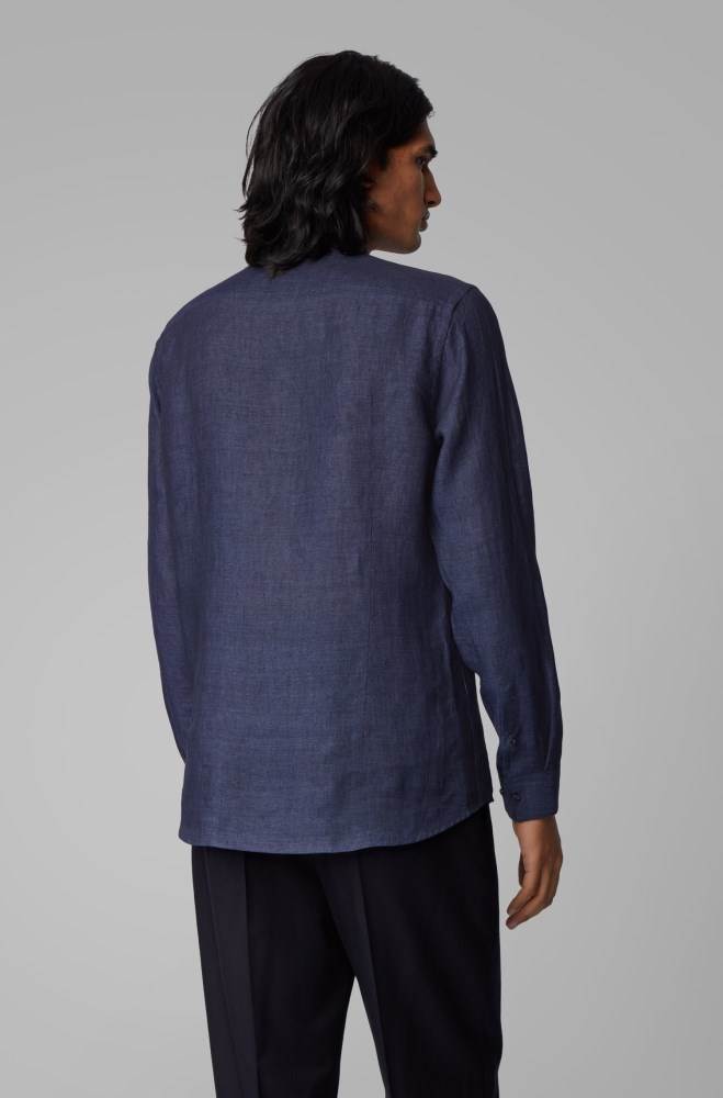 Hugo Boss Collarless slim-fit shirt Mørke Blå | NTfVrdtH