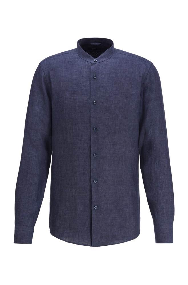 Hugo Boss Collarless slim-fit shirt Mørke Blå | NTfVrdtH