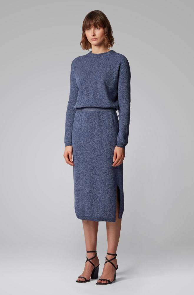 Hugo Boss Crew-neck knitted dress Lyse Blå | N3kXe5Cv