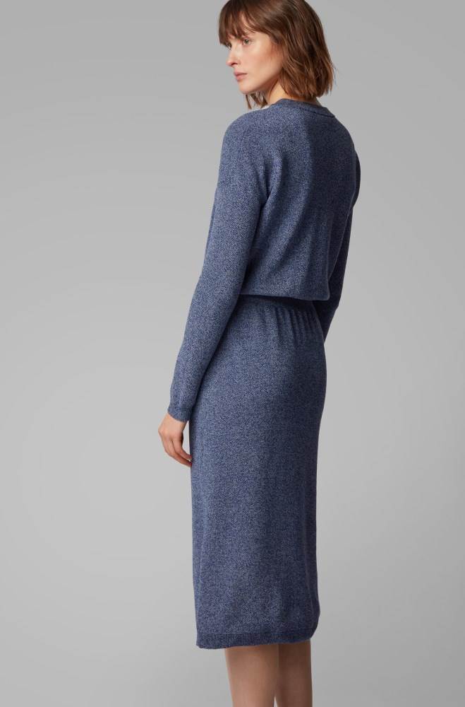 Hugo Boss Crew-neck knitted dress Lyse Blå | N3kXe5Cv