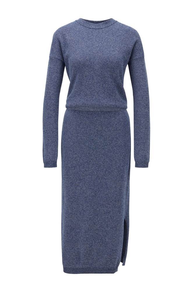 Hugo Boss Crew-neck knitted dress Lyse Blå | N3kXe5Cv