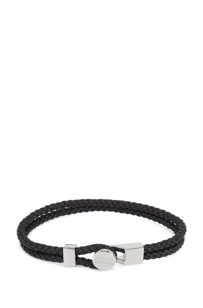 Hugo Boss Double braided-leather cuff Svarte | UJReJEDz