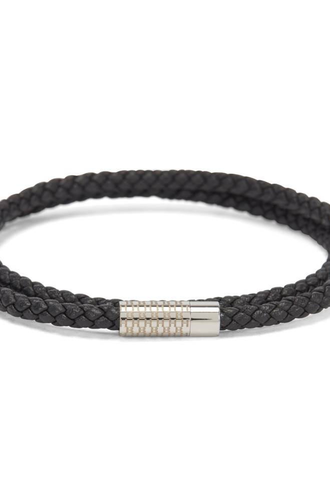 Hugo Boss Double-wrap braided-leather cuff Svarte | zerJz5ET