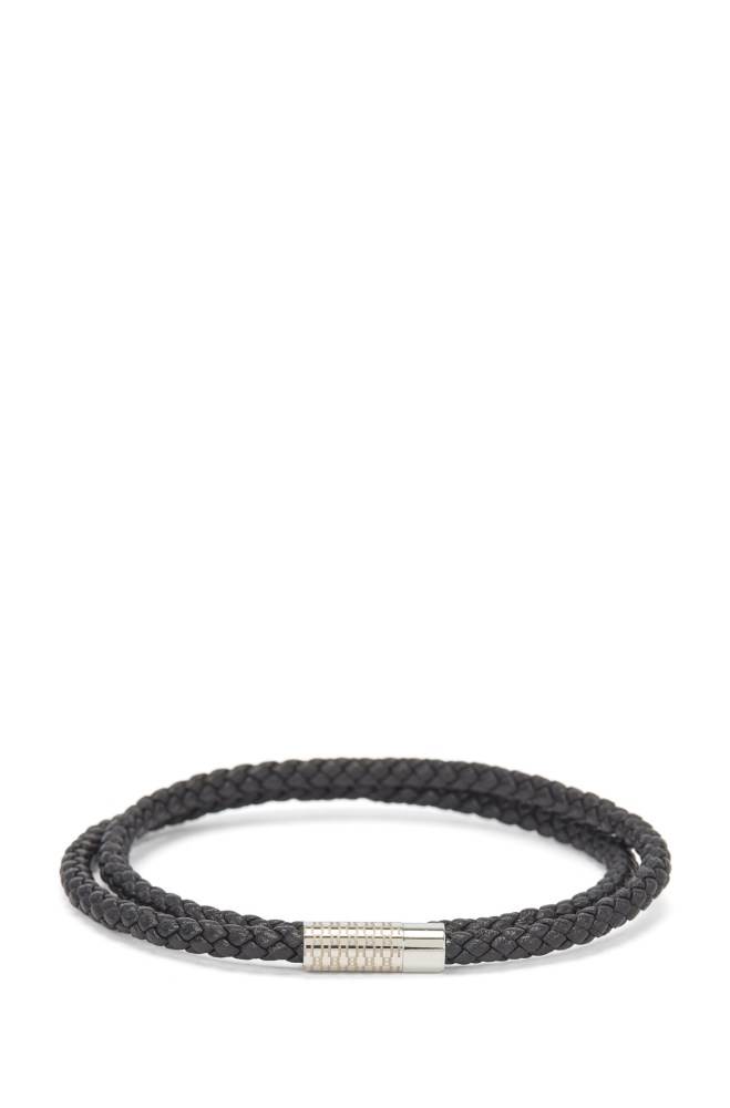 Hugo Boss Double-wrap braided-leather cuff Svarte | zerJz5ET