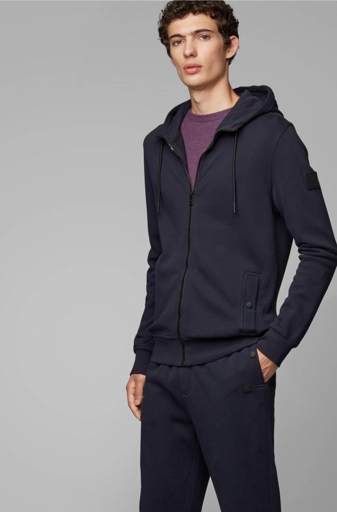 Hugo Boss French-terry hooded jacket Mørke Blå | VnlLcfJs