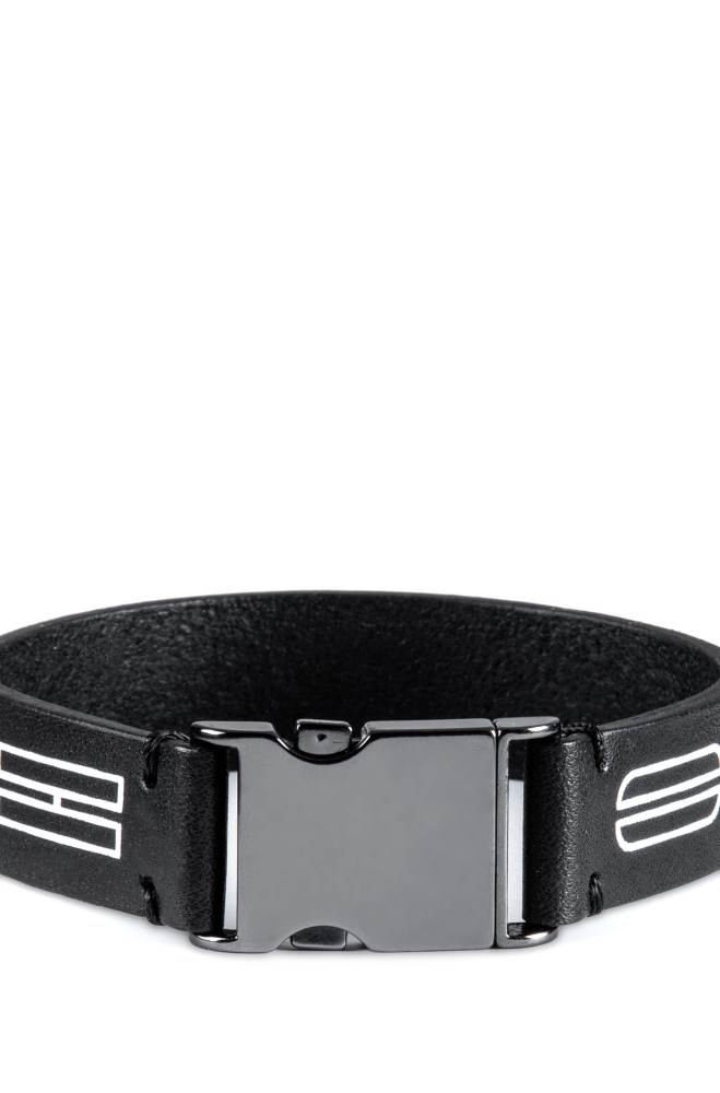 Hugo Boss Italian-leather cuff Svarte | xQpo8L2B