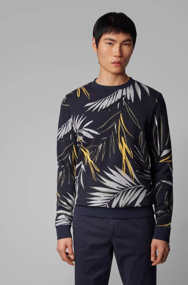 Hugo Boss Leaf-print sweatshirt Mørke Blå | 2b48ea82