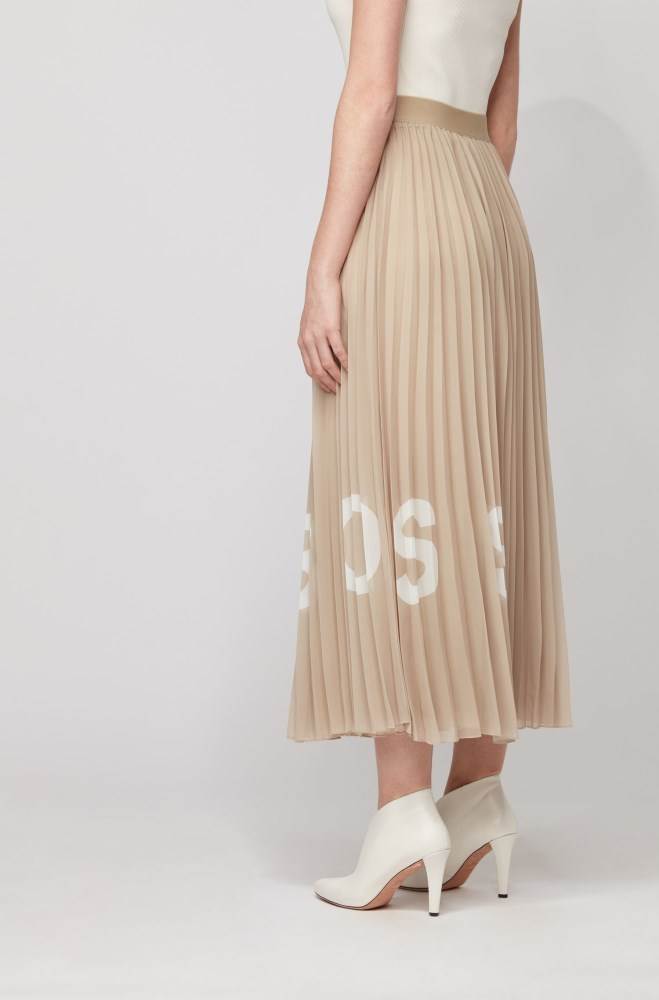 Hugo Boss Logo-print plissé maxi skirt Beige | CaM7WQ73