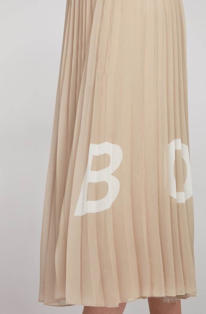 Hugo Boss Logo-print plissé maxi skirt Beige | CaM7WQ73