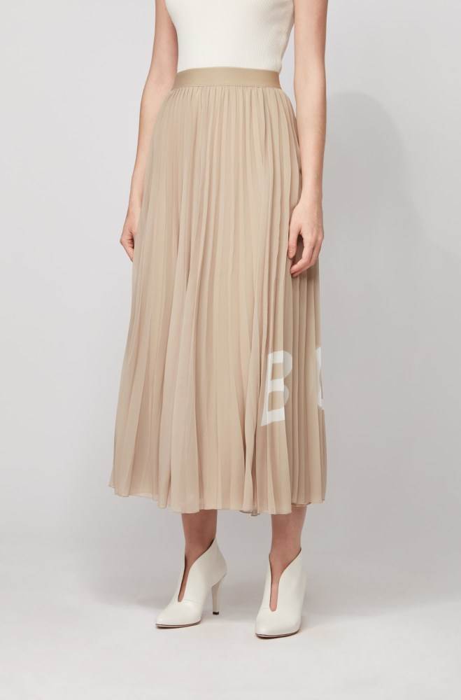 Hugo Boss Logo-print plissé maxi skirt Beige | CaM7WQ73