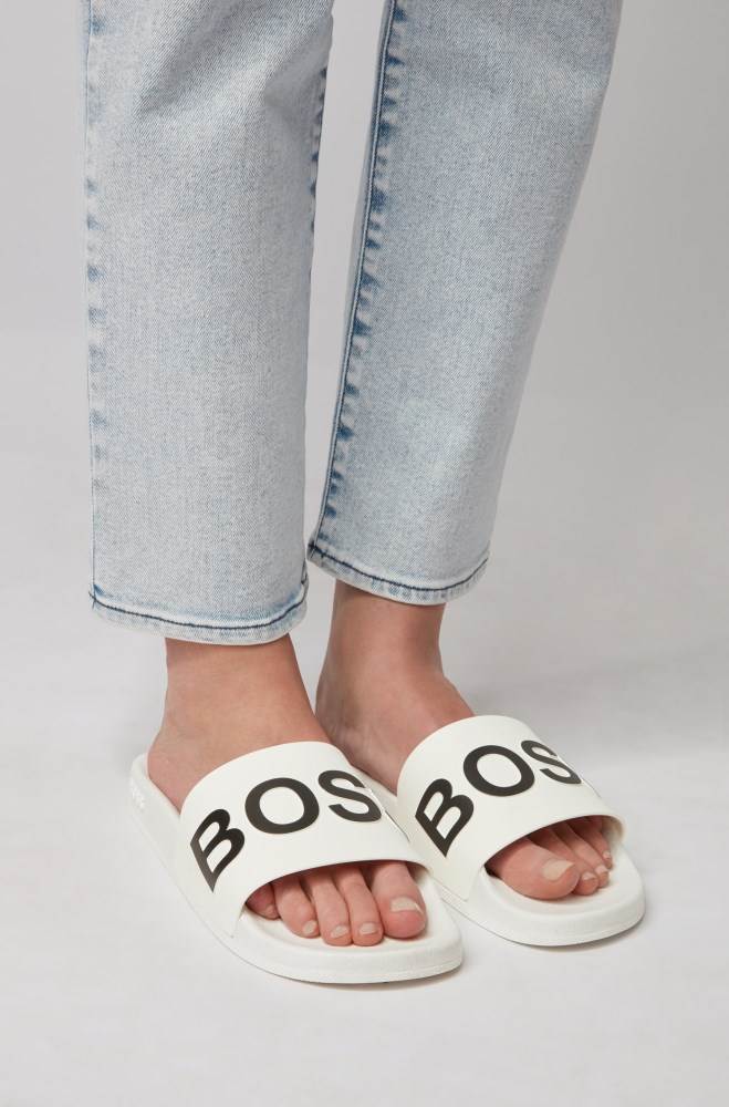 Hugo Boss Logo-strap slides Hvite | Dp4wTG6R