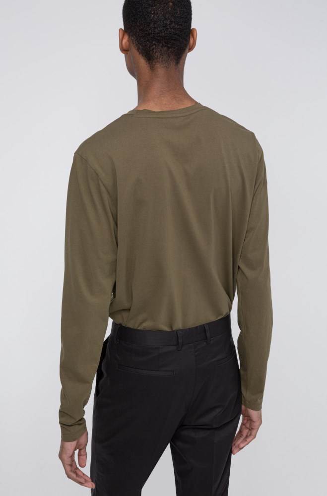 Hugo Boss Long-sleeved cotton T-shirt Khaki | kUmAU0JB