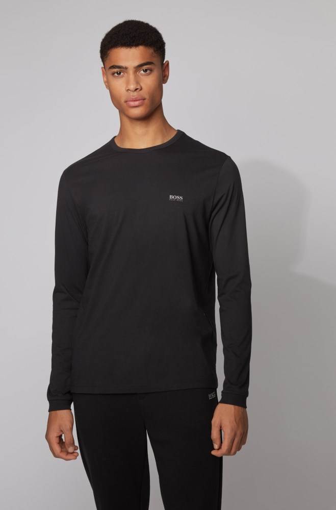 Hugo Boss Long-sleeved cotton T-shirt Svarte | tNbSIynM