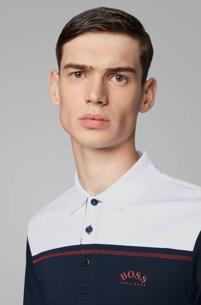 Hugo Boss Long-sleeved slim-fit polo shirt Mørke Blå | 2DFBEncu