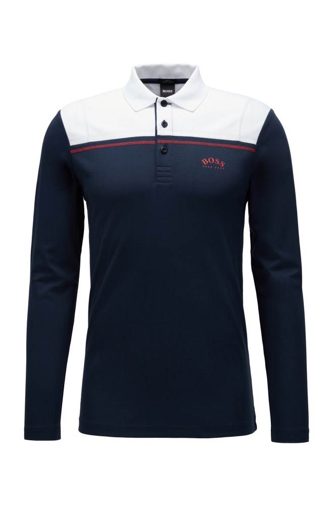 Hugo Boss Long-sleeved slim-fit polo shirt Mørke Blå | 2DFBEncu