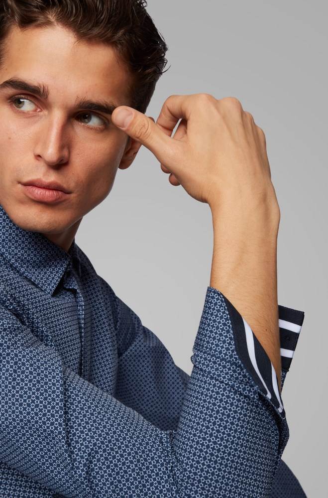 Hugo Boss Micro-patterned slim-fit shirt Mørke Blå | zYH4i2jF