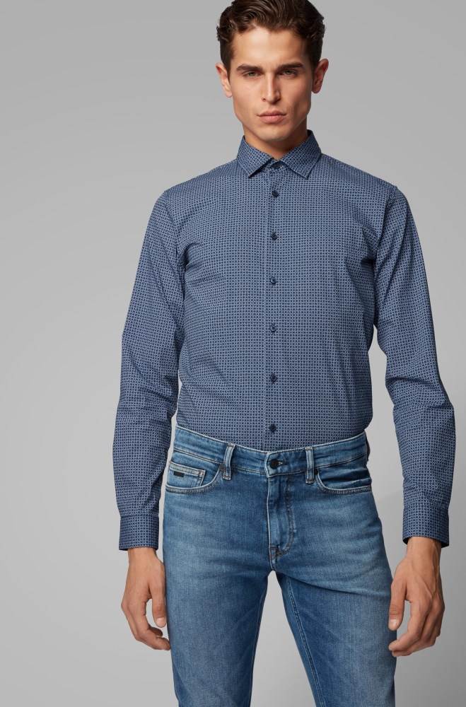 Hugo Boss Micro-patterned slim-fit shirt Mørke Blå | zYH4i2jF