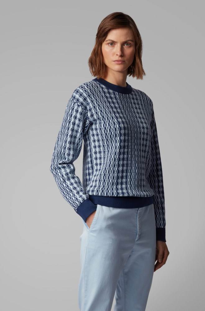 Hugo Boss Monogram-jacquard sweater Mørke Blå | yxTz3uCf