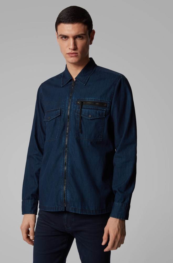 Hugo Boss Oversized-fit denim shirt Mørke Blå | LZbV3EFk