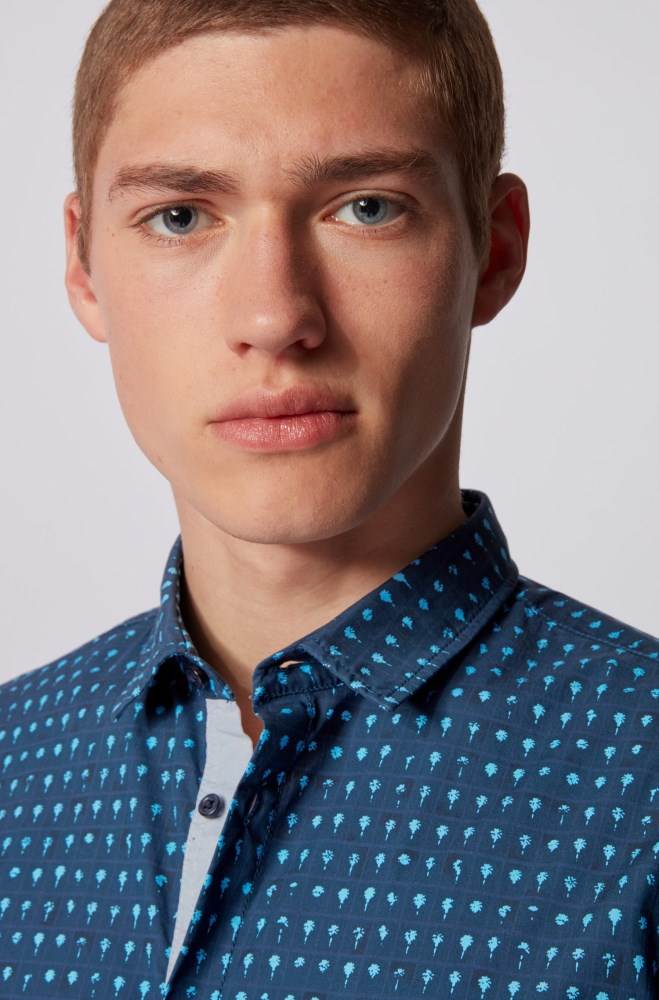 Hugo Boss Photo-print slim-fit shirt Mørke Blå | d8Vn4ViO