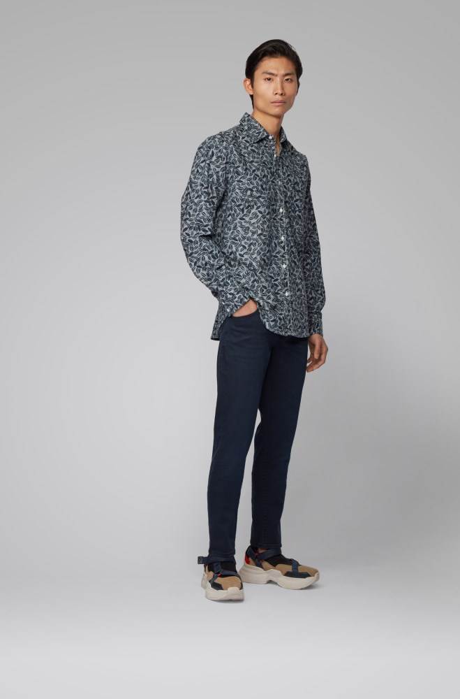 Hugo Boss Printed regular-fit shirt Mørke Blå | kJYw6hLu