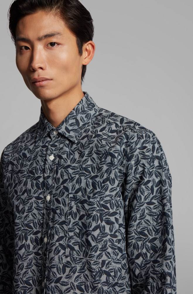 Hugo Boss Printed regular-fit shirt Mørke Blå | kJYw6hLu