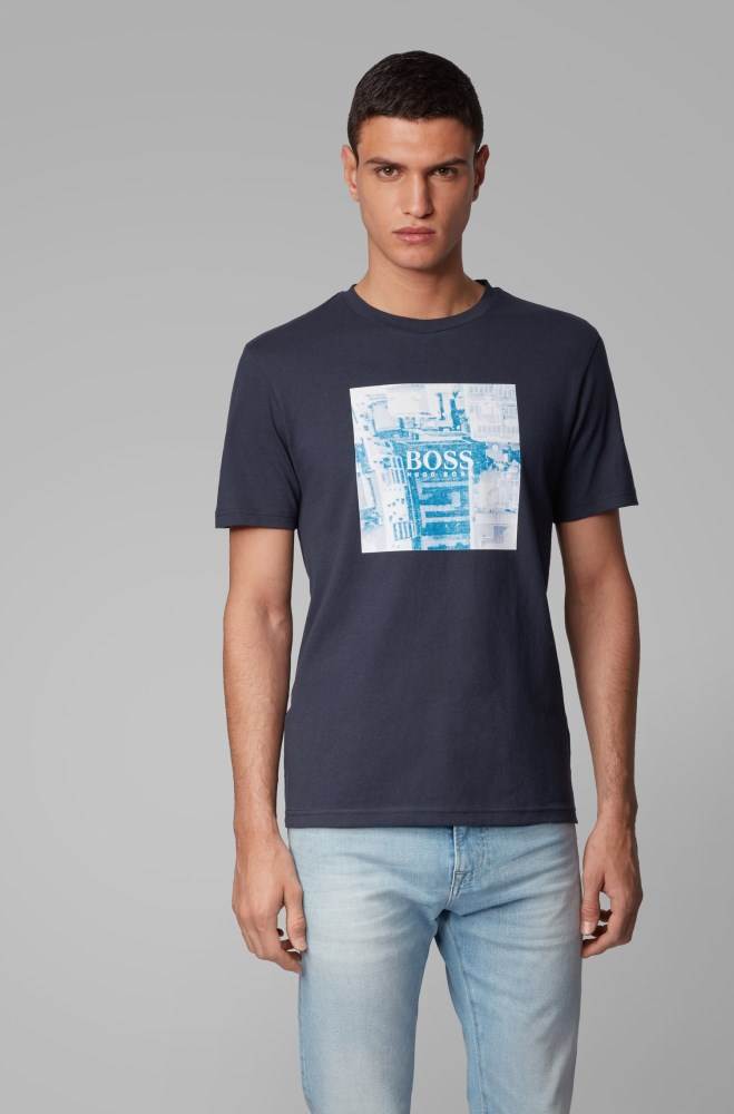 Hugo Boss Pure-cotton T-shirt Mørke Blå | 676rT888