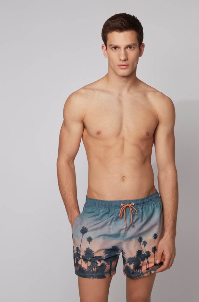 Hugo Boss Quick-dry photo-print swim shorts Lyse Blå | qLQcwqcW