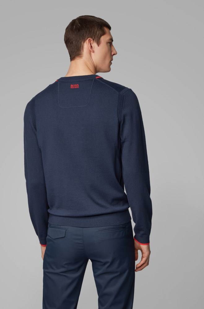 Hugo Boss Regular-fit V-neck sweater Mørke Blå | 9keQxWgj