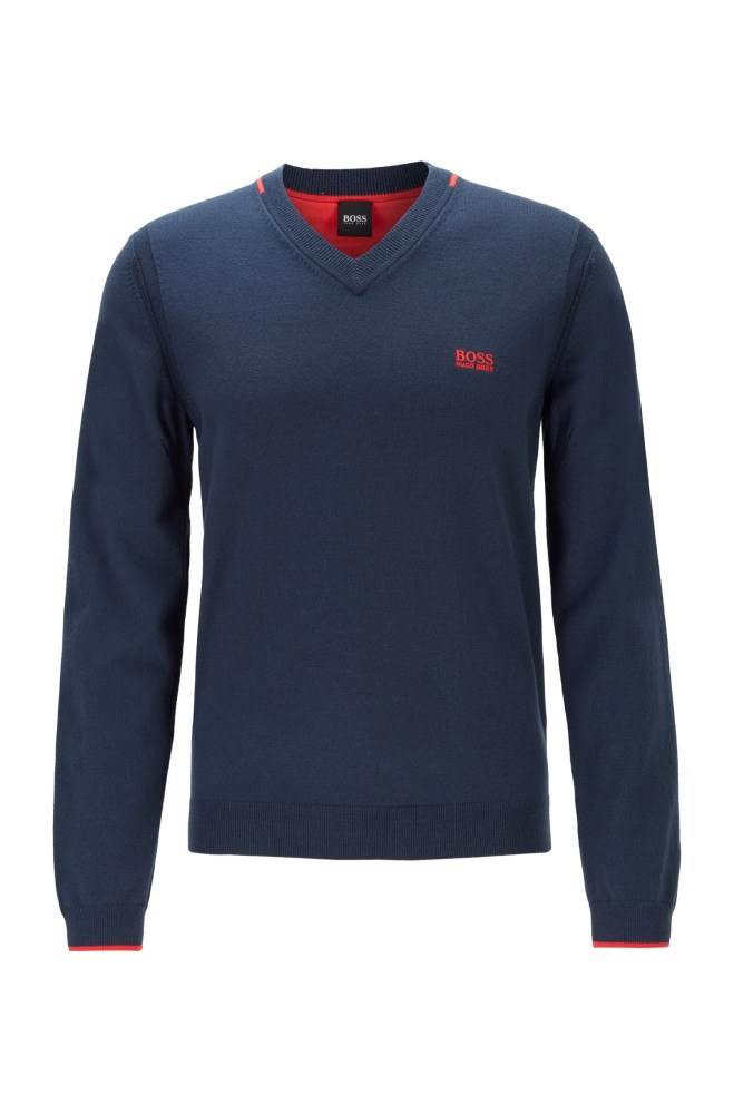 Hugo Boss Regular-fit V-neck sweater Mørke Blå | 9keQxWgj