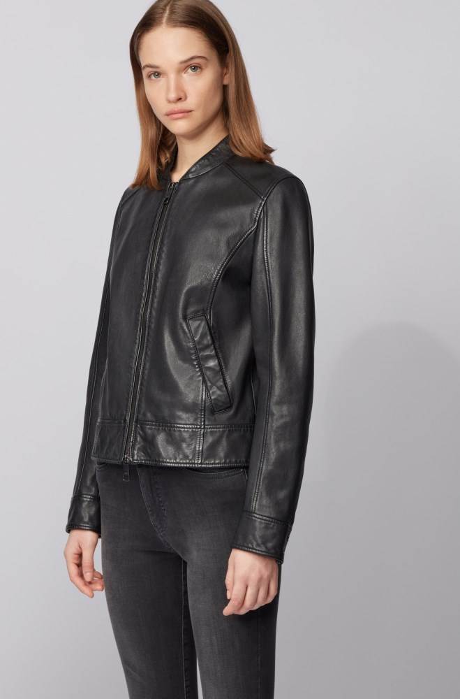 Hugo Boss Regular-fit leather jacket Svarte | CDecLpeg