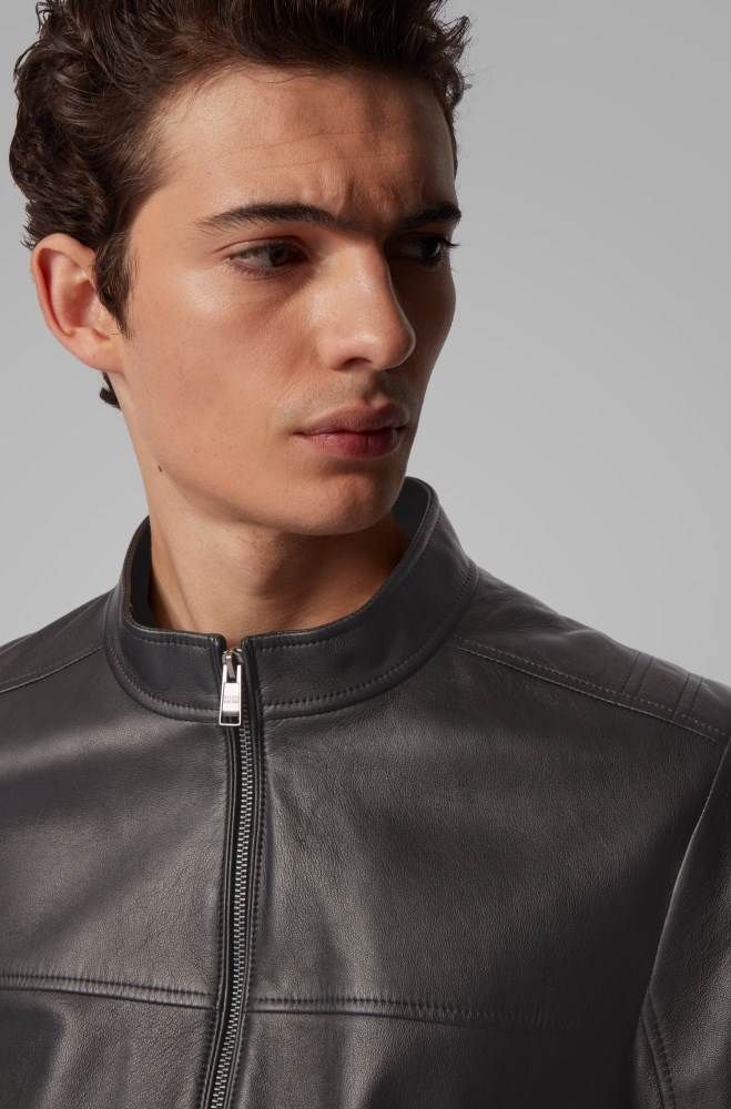 Hugo Boss Regular-fit leather jacket Svarte | cr27VKQE