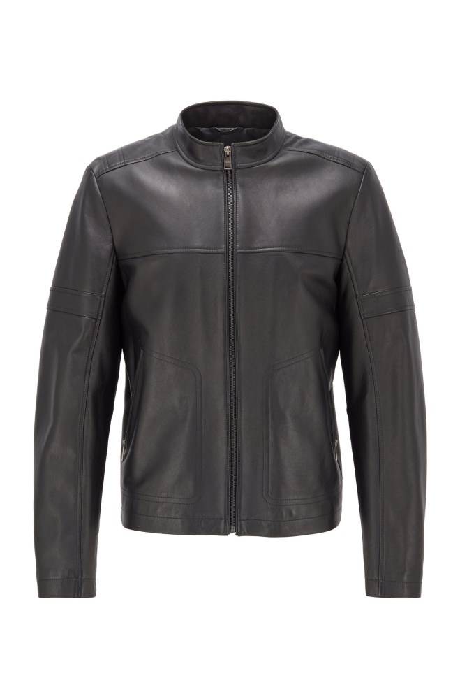 Hugo Boss Regular-fit leather jacket Svarte | cr27VKQE