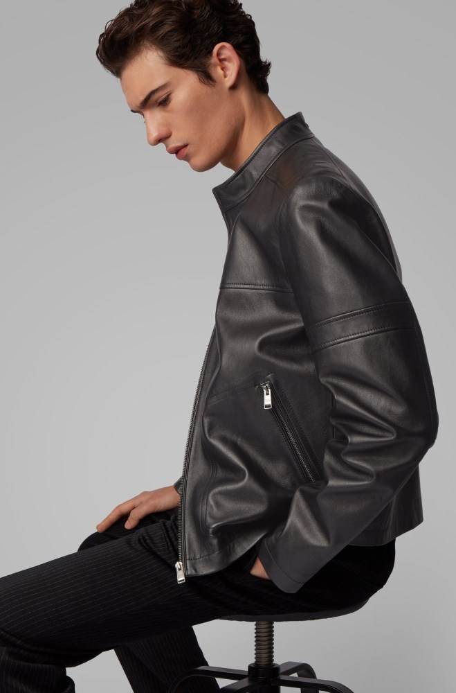 Hugo Boss Regular-fit leather jacket Svarte | uNEedEsL