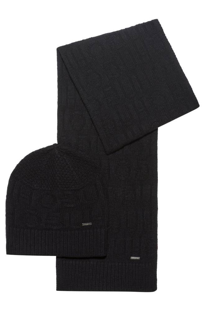 Hugo Boss Reverse-logo beanie hat and scarf gift set Svarte | 6PeXeBoY