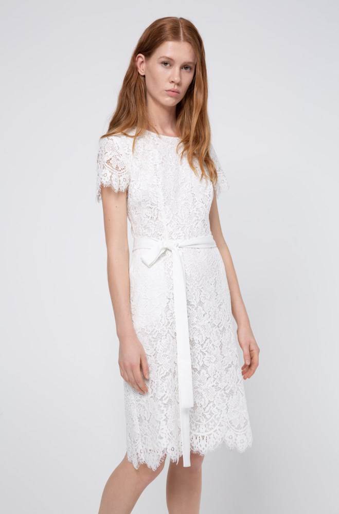 Hugo Boss Scoop-neck lace dress Hvite | KfXZ5JmU