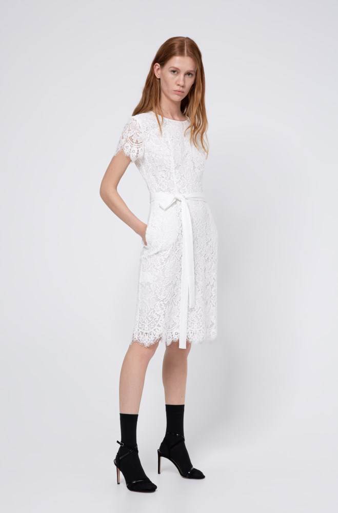 Hugo Boss Scoop-neck lace dress Hvite | KfXZ5JmU