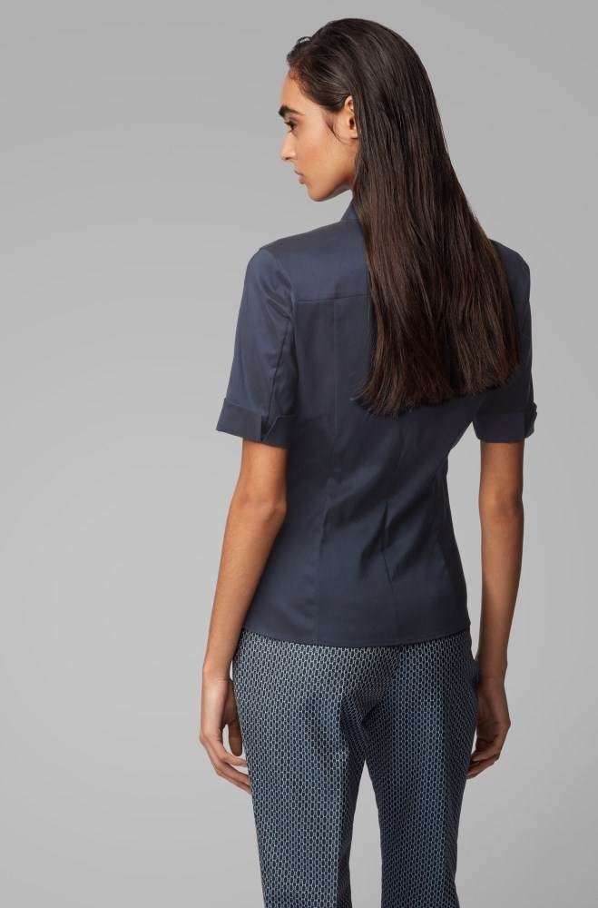 Hugo Boss Slim-fit cotton-blend blouse Blå | jqHQANTS