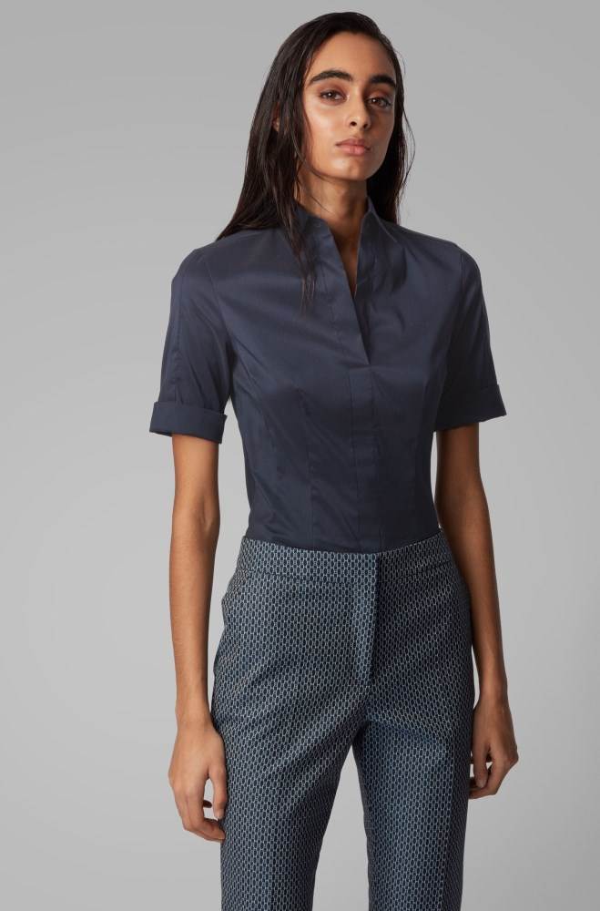 Hugo Boss Slim-fit cotton-blend blouse Blå | jqHQANTS