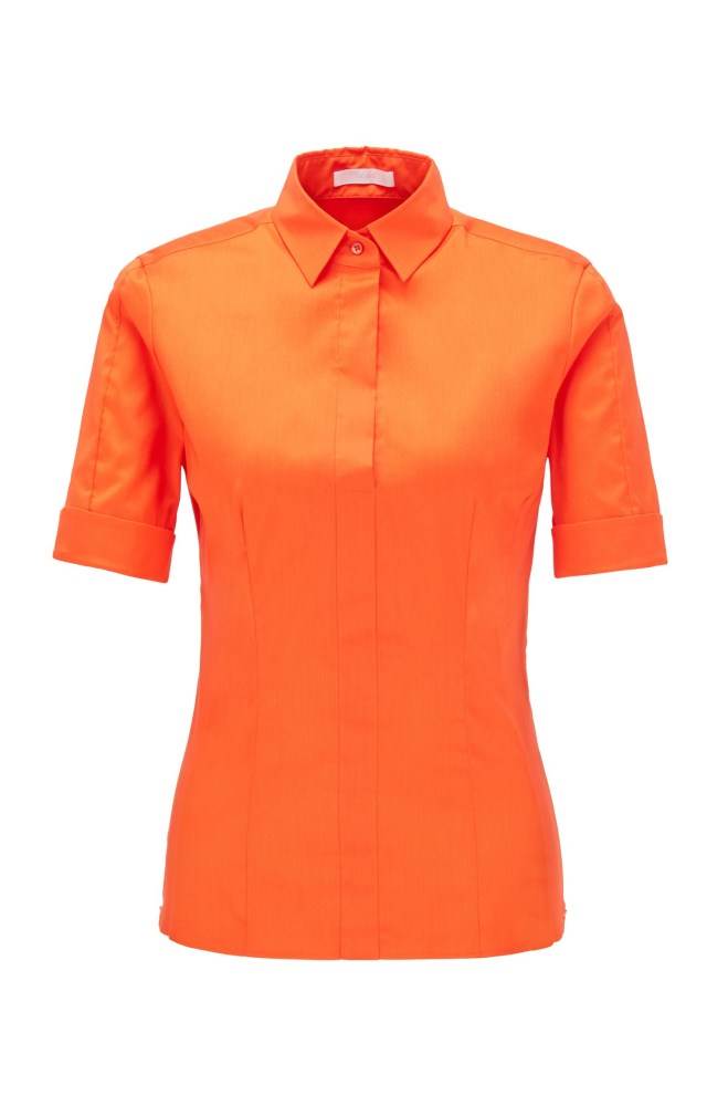 Hugo Boss Slim-fit cotton-blend blouse Oransje | XsK6bjBg